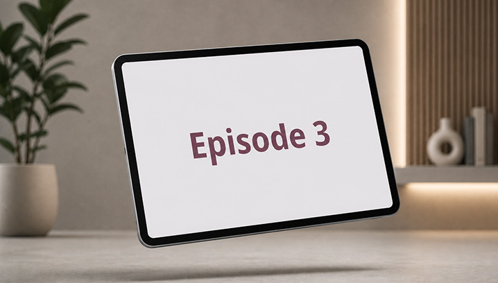 Tablet mit Aufschrift Episode 3