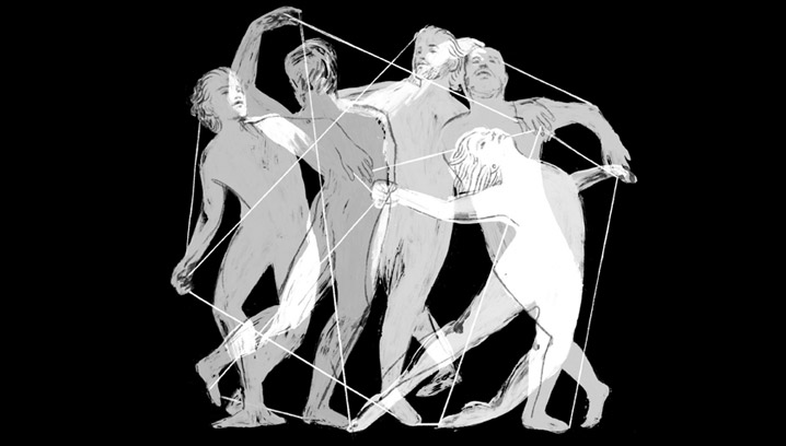 Sechs stilisierte Figuren tanzen zusammen, umgeben von einem geometrischen Muster, das Verbindung und Bewegung symbolisiert.