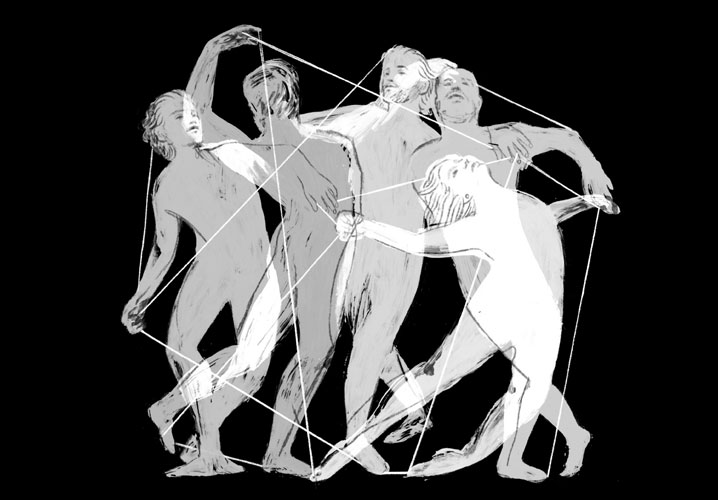 Sechs stilisierte Figuren tanzen zusammen, umgeben von einem geometrischen Muster, das Verbindung und Bewegung symbolisiert.