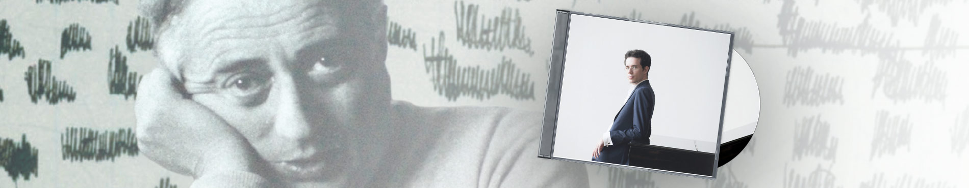Ein nachdenklicher Mann stützt den Kopf in die Hand, umgeben von stilisiertem Hintergrund und das Cover der CD.